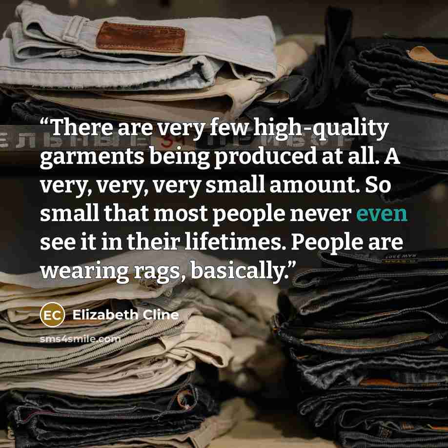 “There are very few high-quality garments being produced at all. A very, very, very small amount. So small that most people never even see it in their lifetimes. People are wearing rags, basically.” quote by Elizabeth Cline