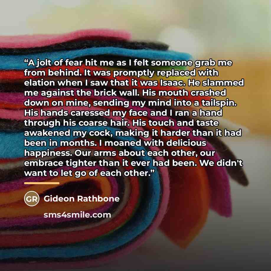 “A jolt of fear hit me as I felt someone grab me from behind. It was promptly replaced with elation when I saw that it was Isaac. He slammed me against the brick wall. His mouth crashed down on mine, sending my mind into a tailspin. His hands caressed my face and I ran a hand through his coarse…” quote by Gideon Rathbone