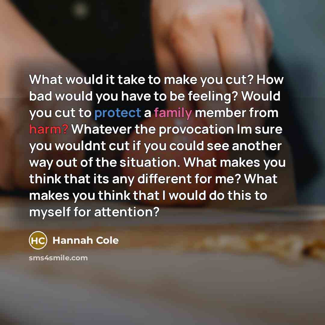 “What would it take to make you cut? How bad would you have to be feeling? Would you cut to protect a family member from harm? Whatever the provocation Im sure you wouldnt cut if you could see another way out of the situation. What makes you think that its any different for me? What makes you think…” quote by Hannah Cole
