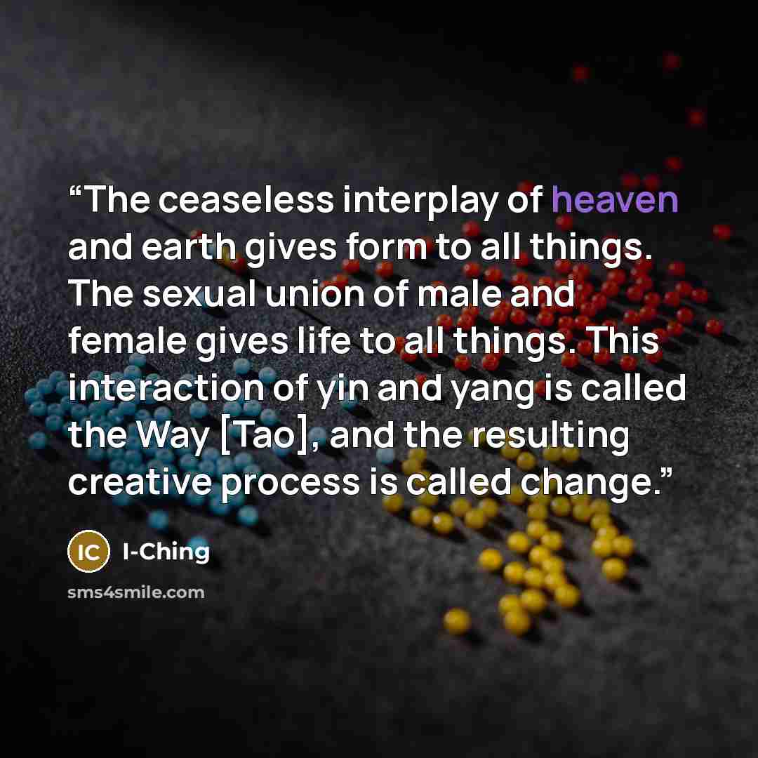“The ceaseless interplay of heaven and earth gives form to all things. The sexual union of male and female gives life to all things. This interaction of yin and yang is called the Way [Tao], and the resulting creative process is called change.” quote by I-Ching