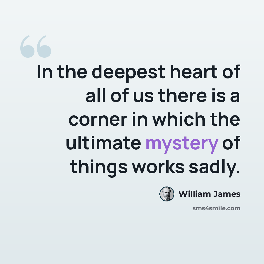 “In the deepest heart of all of us there is a corner in which the ultimate mystery of things works sadly.” quote by William James