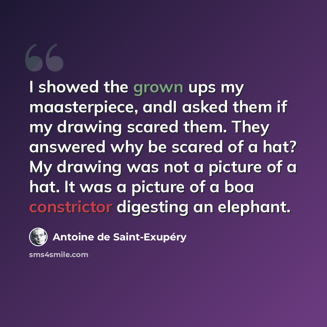 “I showed the grown ups my maasterpiece, andI asked them if my drawing scared them. They answered why be scared of a hat? My drawing was not a picture of a hat. It was a picture of a boa constrictor digesting an elephant.” quote by Antoine de Saint-Exupery