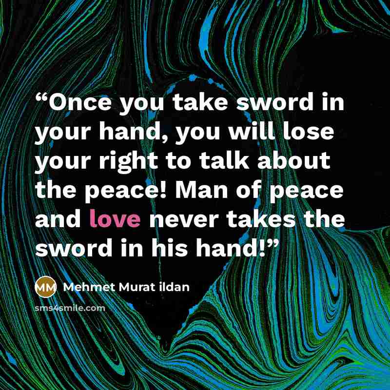 “Once you take sword in your hand, you will lose your right to talk about the peace! Man of peace and love never takes the sword in his hand!” quote by Mehmet Murat ildan