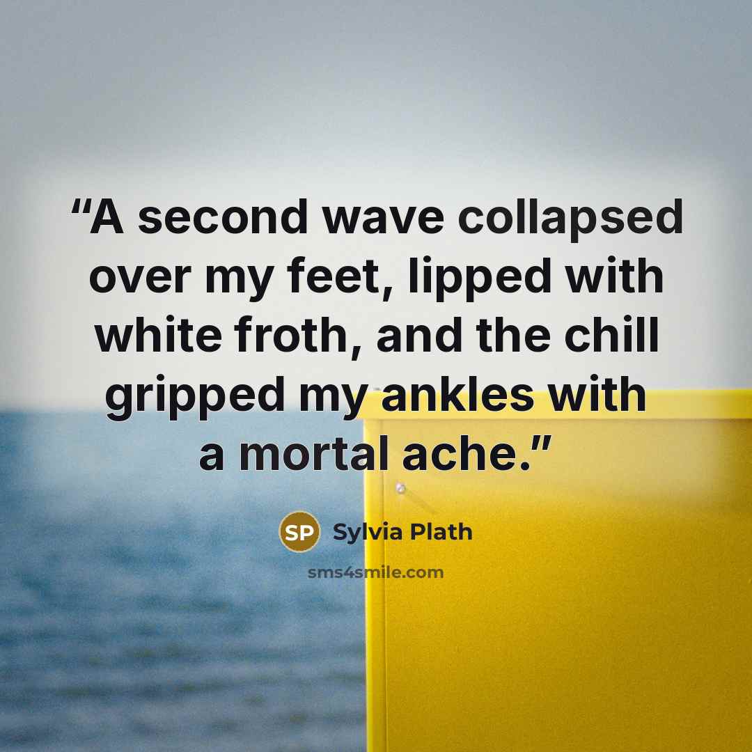 “A second wave collapsed over my feet, lipped with white froth, and the chill gripped my ankles with a mortal ache.” quote by sylvia plath