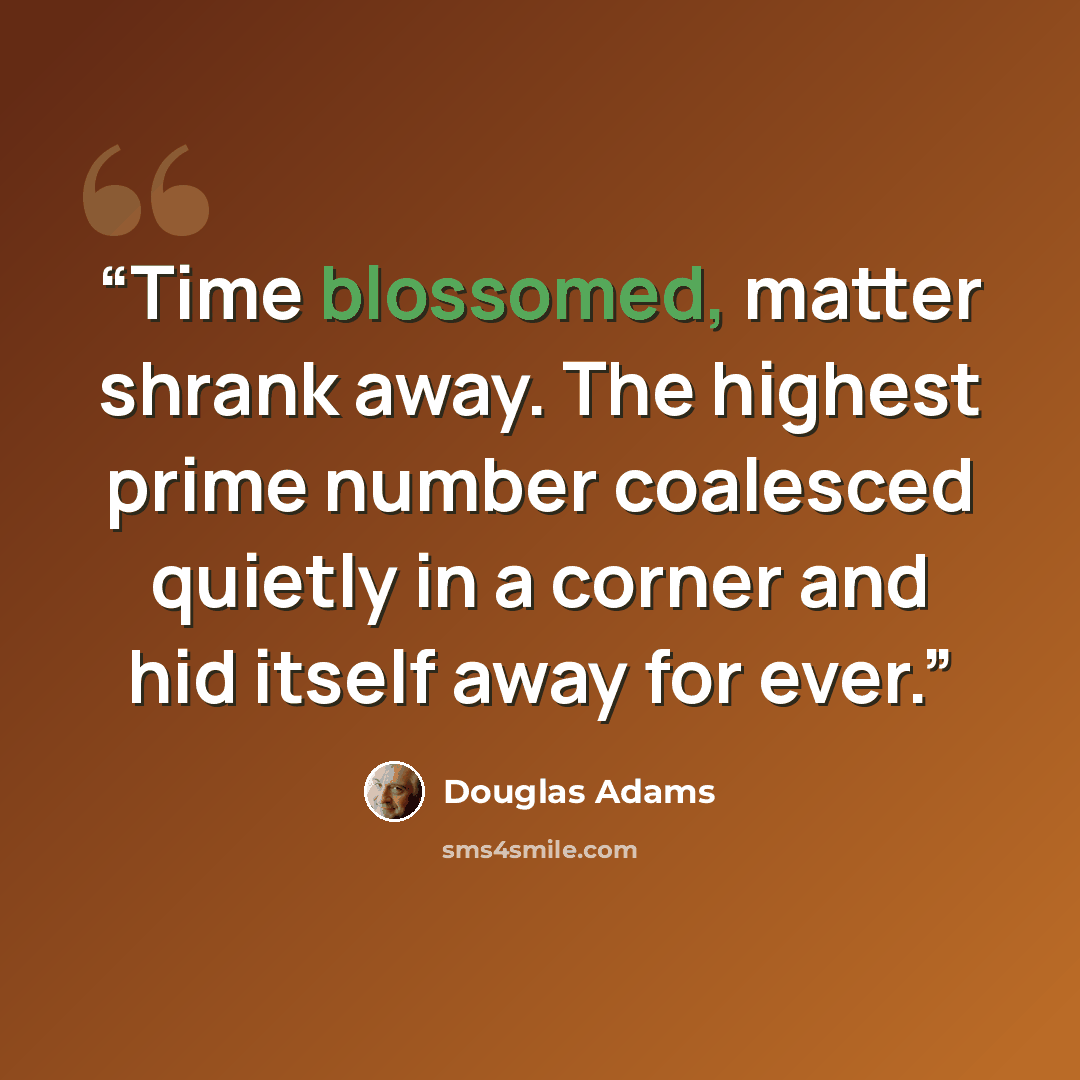 “Time blossomed, matter shrank away. The highest prime number coalesced quietly in a corner and hid itself away for ever.” quote by Douglas Adams