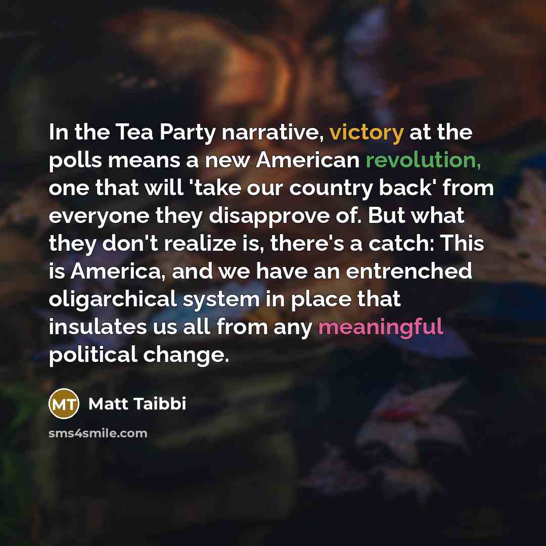 “In the Tea Party narrative, victory at the polls means a new American revolution, one that will 'take our country back' from everyone they disapprove of. But what they don't realize is, there's a catch: This is America, and we have an entrenched oligarchical system in place that insulates us all…” quote by Matt Taibbi