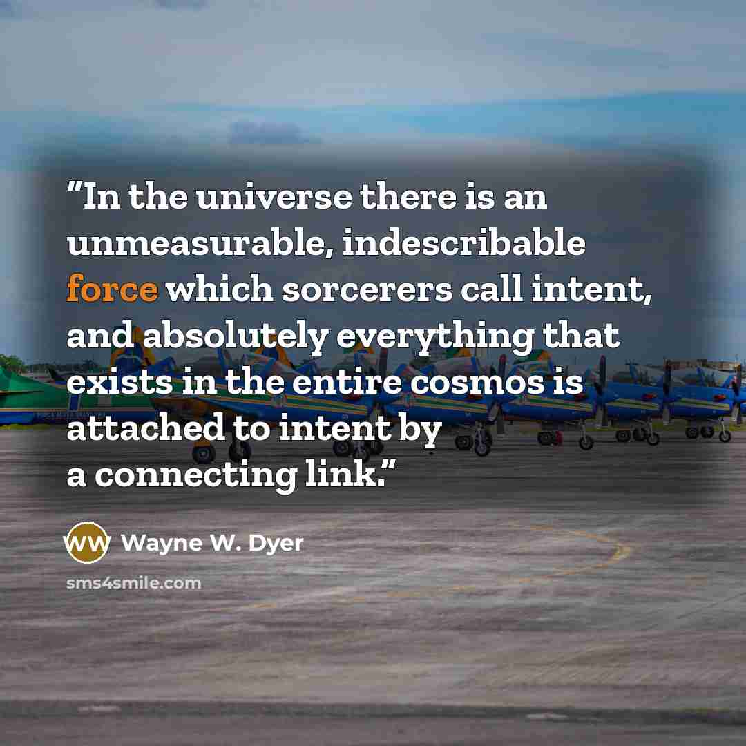 “In the universe there is an unmeasurable, indescribable force which sorcerers call intent, and absolutely everything that exists in the entire cosmos is attached to intent by a connecting link.” quote by Wayne W. Dyer