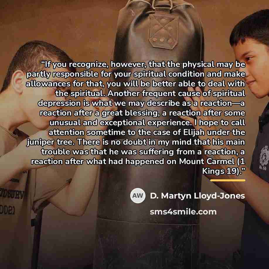 “If you recognize, however, that the physical may be partly responsible for your spiritual condition and make allowances for that, you will be better able to deal with the spiritual. Another frequent cause of spiritual depression is what we may describe as a reaction—a reaction after a great…” quote by D. Martyn Lloyd-Jones
