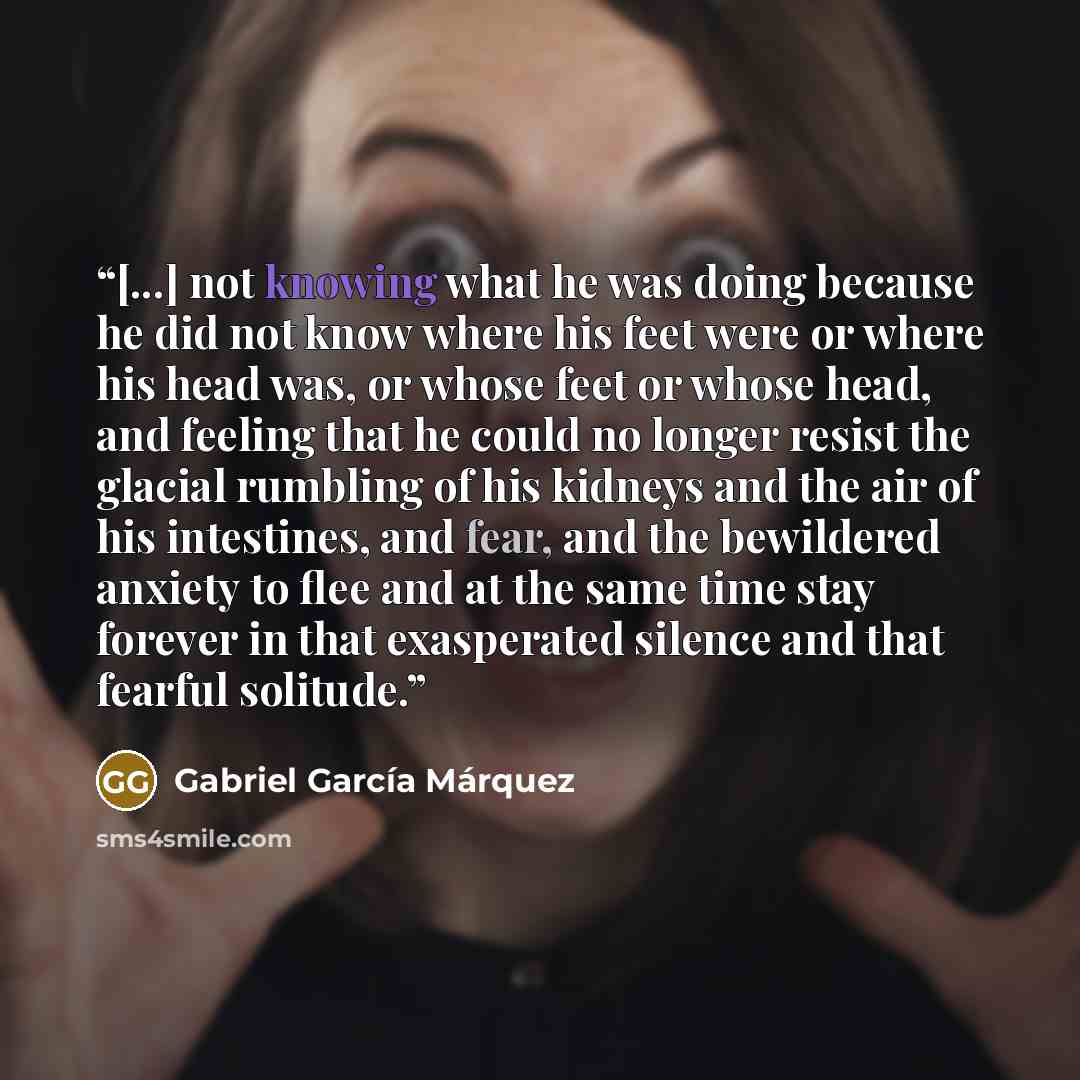 “[...] not knowing what he was doing because he did not know where his feet were or where his head was, or whose feet or whose head, and feeling that he could no longer resist the glacial rumbling of his kidneys and the air of his intestines, and fear, and the bewildered anxiety to flee and at the…” quote by Gabriel Garcia Marquez