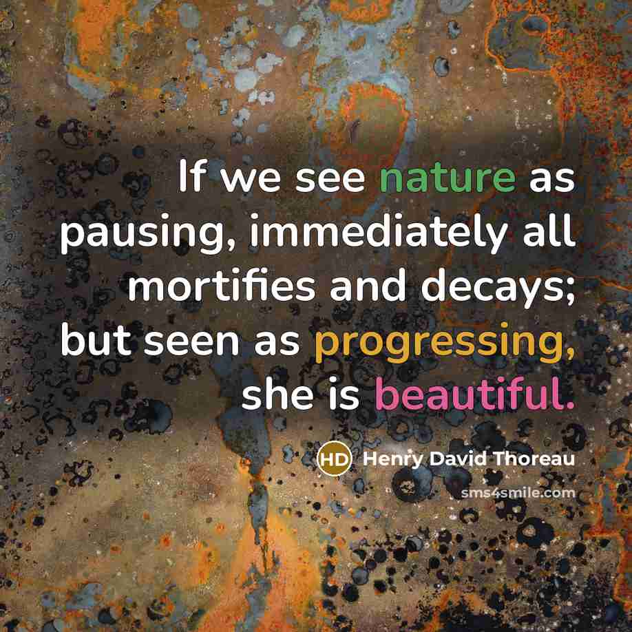 “If we see nature as pausing, immediately all mortifies and decays; but seen as progressing, she is beautiful.” quote by Henry David Thoreau