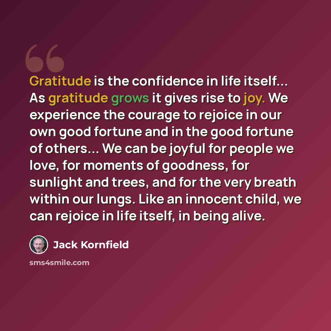 “Gratitude is the confidence in life itself... As gratitude grows it gives rise to joy. We experience the courage to rejoice in our own good fortune and in the good fortune of others... We can be joyful for people we love, for moments of goodness, for sunlight and trees, and for the very breath…” quote by Jack Kornfield