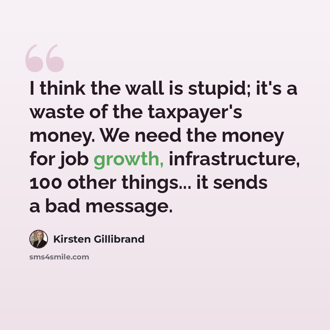 “I think the wall is stupid; it's a waste of the taxpayer's money. We need the money for job growth, infrastructure, 100 other things... it sends a bad message.” quote by Kirsten Gillibrand