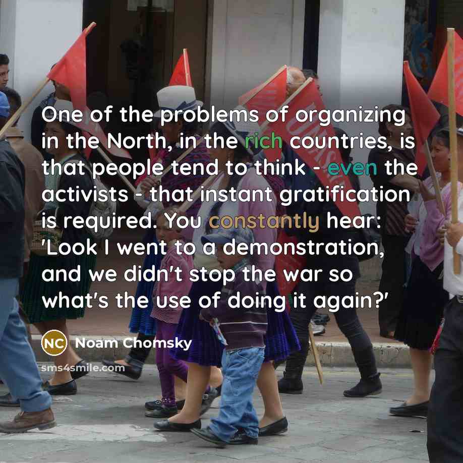 “One of the problems of organizing in the North, in the rich countries, is that people tend to think - even the activists - that instant gratification is required. You constantly hear: 'Look I went to a demonstration, and we didn't stop the war so what's the use of doing it again?'” quote by Noam Chomsky