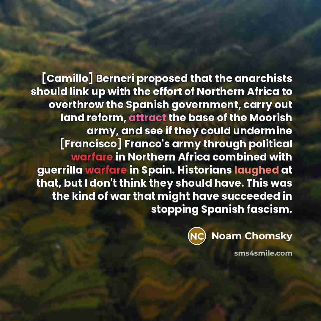 “[Camillo] Berneri proposed that the anarchists should link up with the effort of Northern Africa to overthrow the Spanish government, carry out land reform, attract the base of the Moorish army, and see if they could undermine [Francisco] Franco's army through political warfare in Northern Africa…” quote by Noam Chomsky