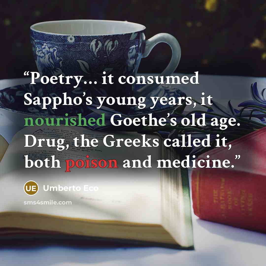 “Poetry… it consumed Sappho’s young years, it nourished Goethe’s old age. Drug, the Greeks called it, both poison and medicine.” quote by Umberto Eco