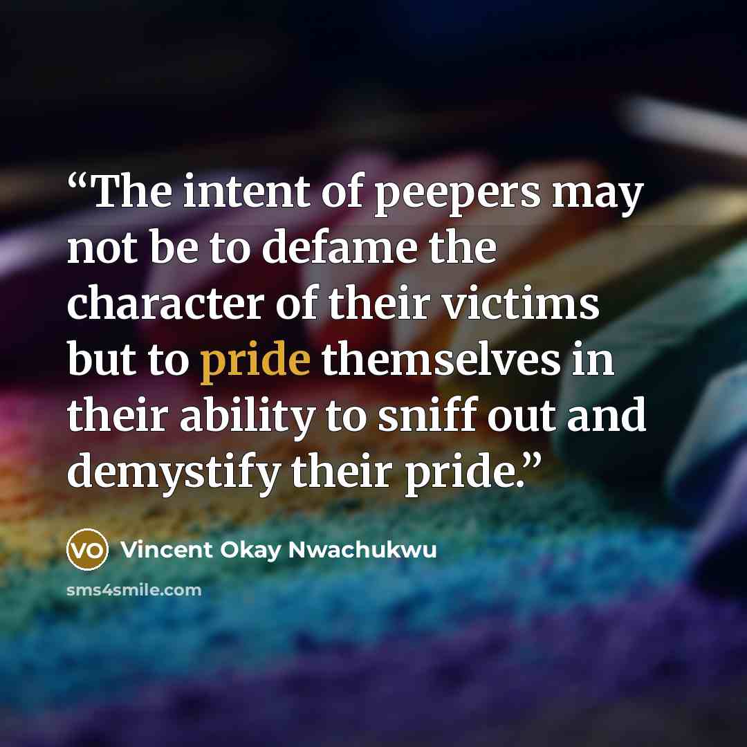 “The intent of peepers may not be to defame the character of their victims but to pride themselves in their ability to sniff out and demystify their pride.” quote by Vincent Okay Nwachukwu