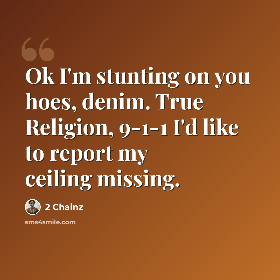 “Ok I'm stunting on you hoes, denim. True Religion, 9-1-1 I'd like to report my ceiling missing.” quote by 2 Chainz