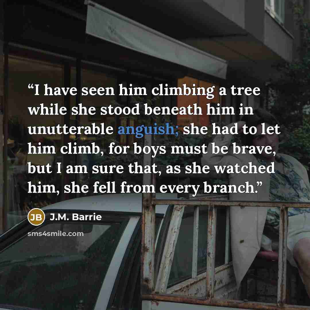 “I have seen him climbing a tree while she stood beneath him in unutterable anguish; she had to let him climb, for boys must be brave, but I am sure that, as she watched him, she fell from every branch.” quote by J.M. Barrie