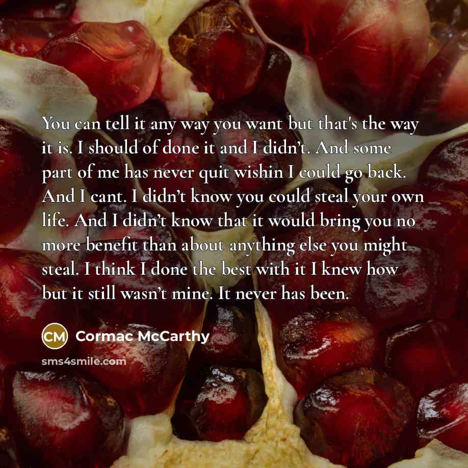 “You can tell it any way you want but that's the way it is. I should of done it and I didn’t. And some part of me has never quit wishin I could go back. And I cant. I didn’t know you could steal your own life. And I didn’t know that it would bring you no more benefit than about anything else you…” quote by Cormac McCarthy