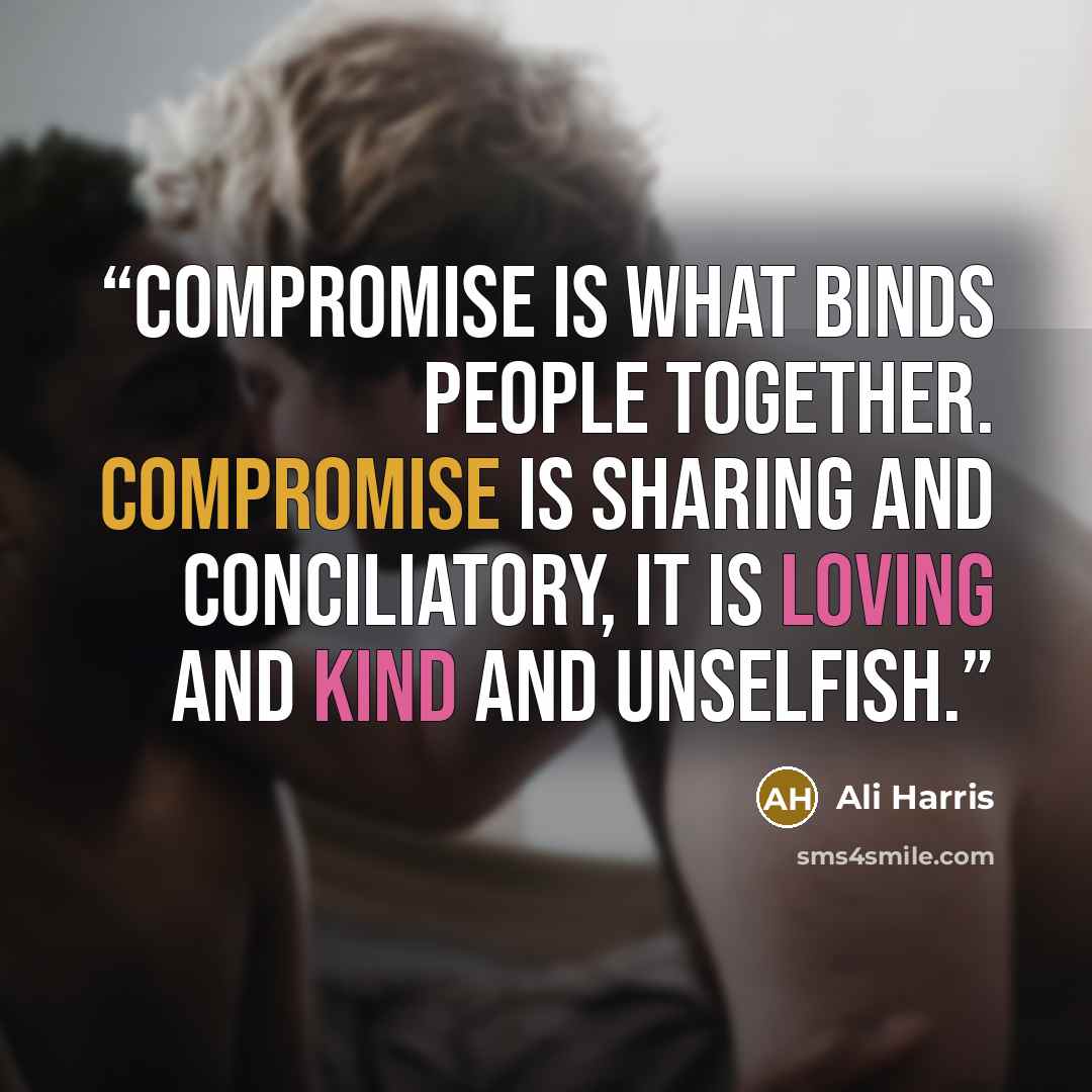 “Compromise is what binds people together. Compromise is sharing and conciliatory, it is loving and kind and unselfish.” quote by Ali Harris