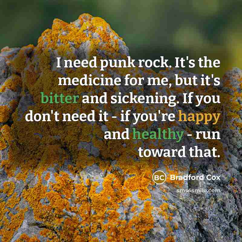 “I need punk rock. It's the medicine for me, but it's bitter and sickening. If you don't need it - if you're happy and healthy - run toward that.” quote by Bradford Cox
