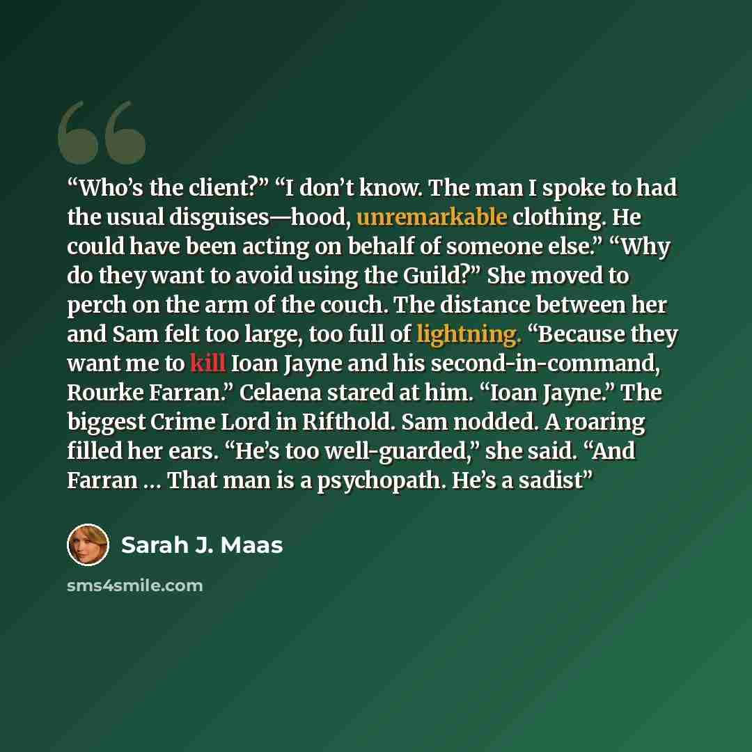 “Who’s the client?” “I don’t know. The man I spoke to had the usual disguises—hood, unremarkable clothing. He could have been acting on behalf of someone else.” “Why do they want to avoid using the Guild?” She moved to perch on the arm of the couch. The distance between her and Sam felt too large…” quote by Sarah J. Maas
