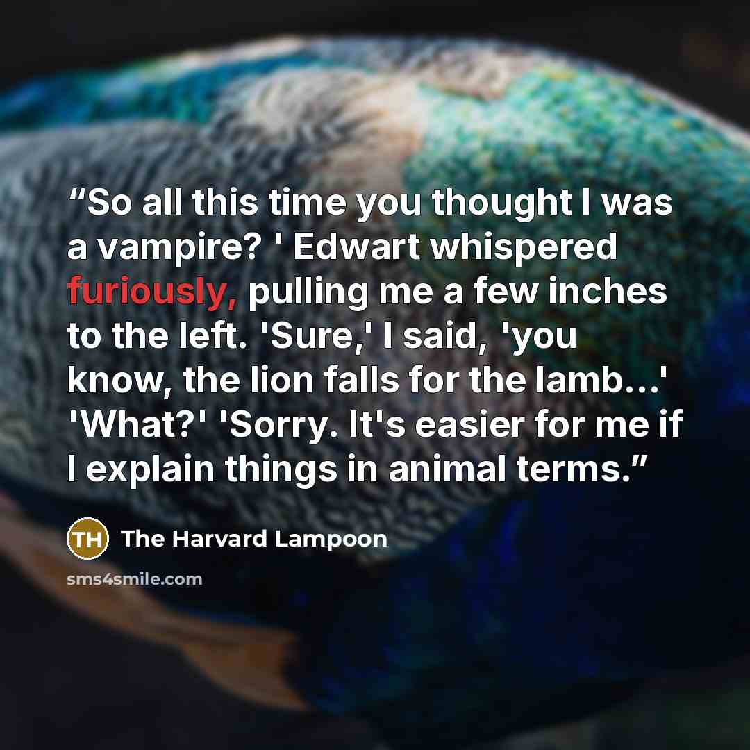“So all this time you thought I was a vampire? ' Edwart whispered furiously, pulling me a few inches to the left. 'Sure,' I said, 'you know, the lion falls for the lamb...' 'What?' 'Sorry. It's easier for me if I explain things in animal terms.” quote by The Harvard Lampoon