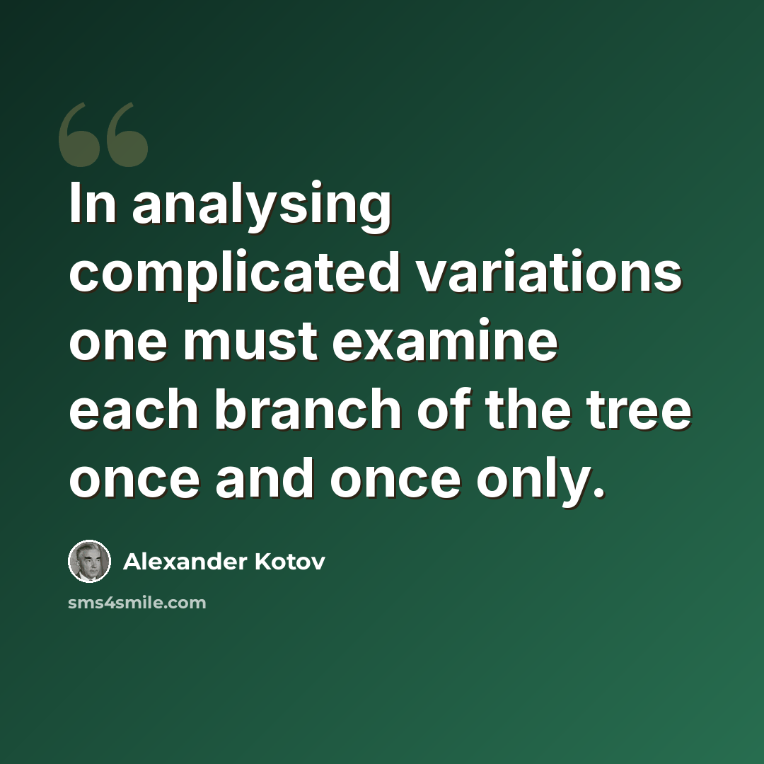“In analysing complicated variations one must examine each branch of the tree once and once only.” quote by Alexander Kotov