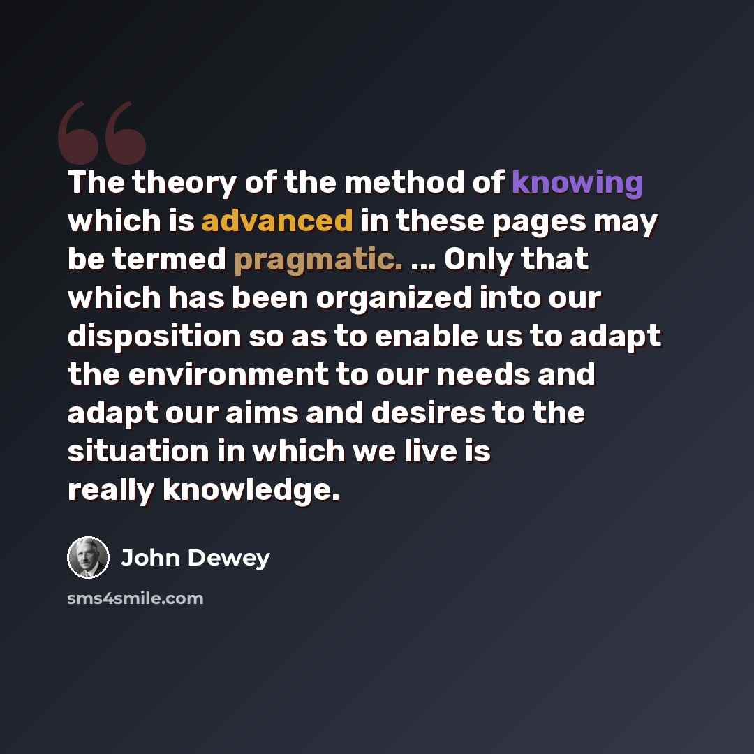 “The theory of the method of knowing which is advanced in these pages may be termed pragmatic. ... Only that which has been organized into our disposition so as to enable us to adapt the environment to our needs and adapt our aims and desires to the situation in which we live is really knowledge.” quote by John Dewey
