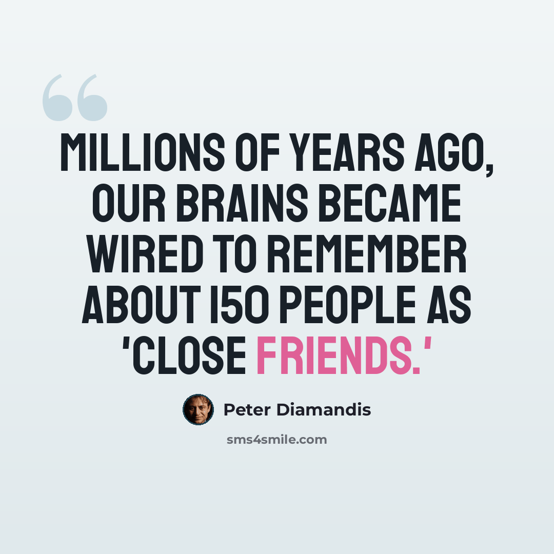 “Millions of years ago, our brains became wired to remember about 150 people as 'close friends.'” quote by Peter Diamandis