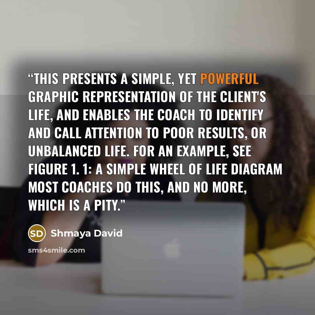 “This presents a simple, yet powerful graphic representation of the client's life, and enables the coach to identify and call attention to poor results, or unbalanced life. For an example, see figure 1. 1: A Simple Wheel of Life Diagram Most coaches do this, and no more, which is a pity.” quote by Shmaya David