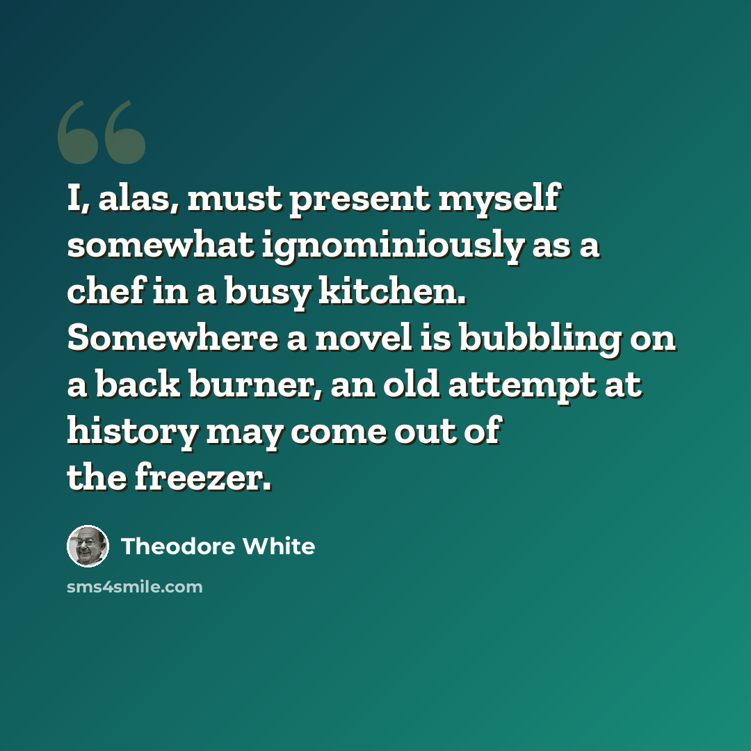 “I, alas, must present myself somewhat ignominiously as a chef in a busy kitchen. Somewhere a novel is bubbling on a back burner, an old attempt at history may come out of the freezer.” quote by Theodore White