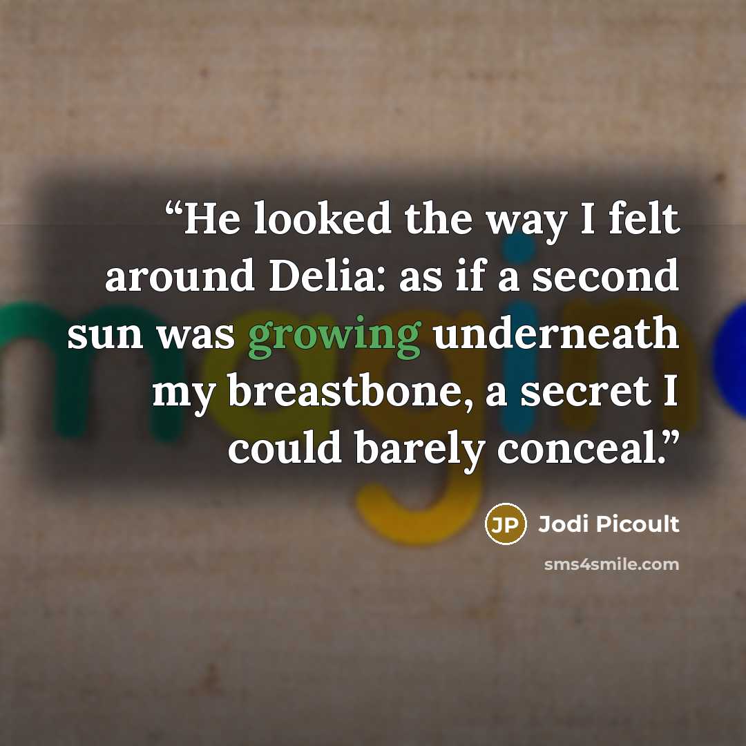“He looked the way I felt around Delia: as if a second sun was growing underneath my breastbone, a secret I could barely conceal.” quote by Jodi Picoult