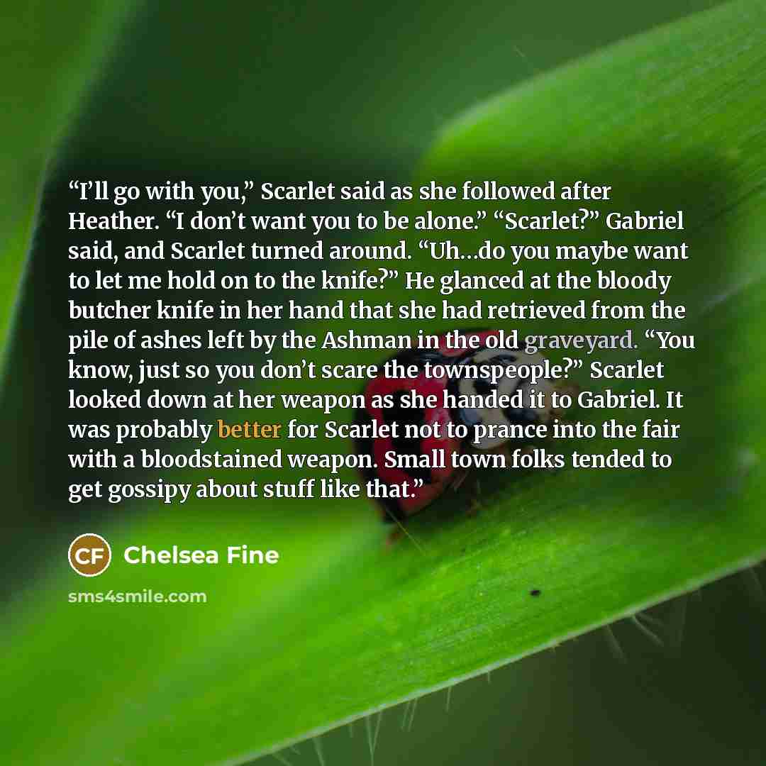 “I’ll go with you,” Scarlet said as she followed after Heather. “I don’t want you to be alone.” “Scarlet?” Gabriel said, and Scarlet turned around. “Uh…do you maybe want to let me hold on to the knife?” He glanced at the bloody butcher knife in her hand that she had retrieved from the pile of ashes…” quote by Chelsea Fine