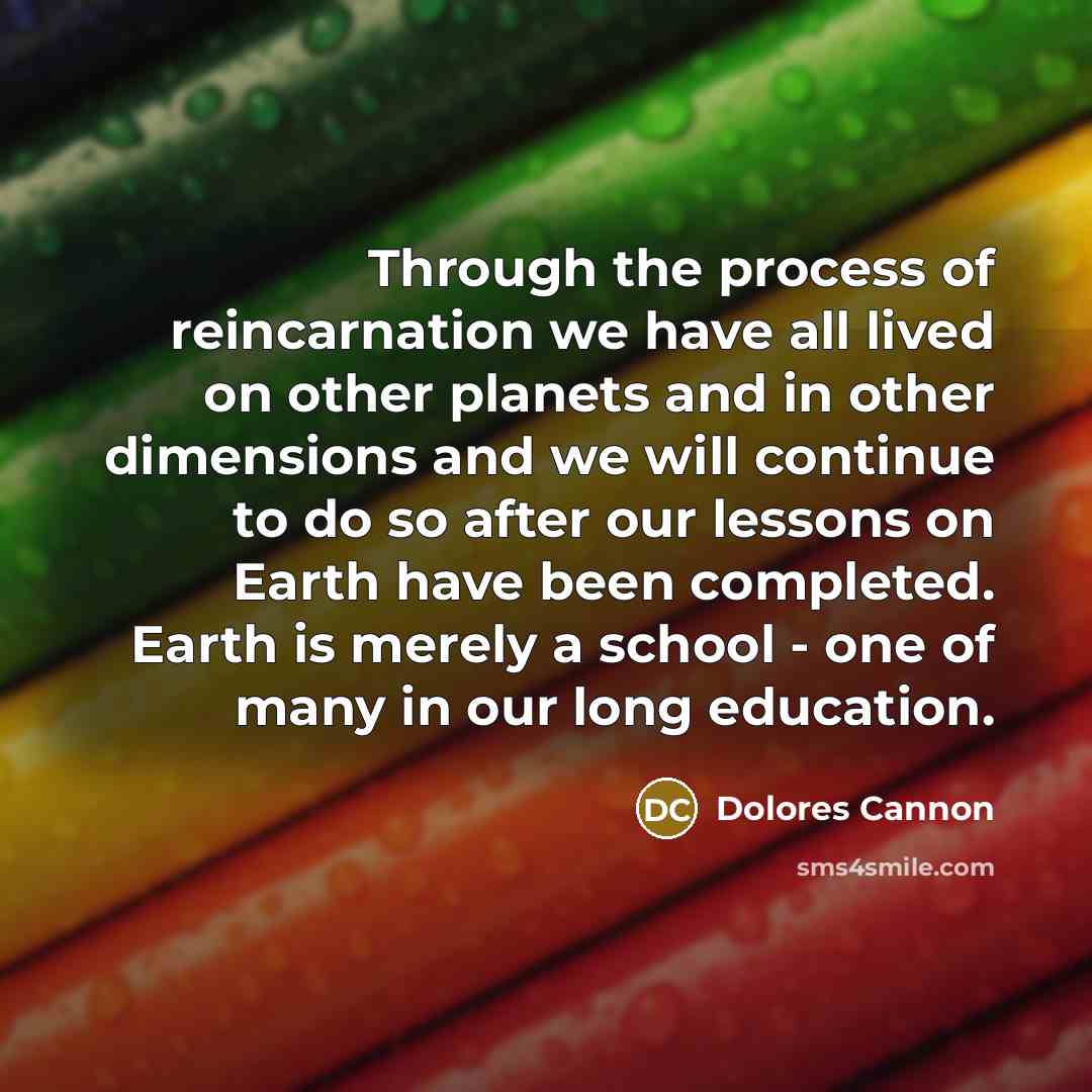 “Through the process of reincarnation we have all lived on other planets and in other dimensions and we will continue to do so after our lessons on Earth have been completed. Earth is merely a school - one of many in our long education.” quote by Dolores Cannon