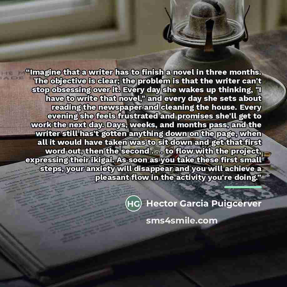 “Imagine that a writer has to finish a novel in three months. The objective is clear; the problem is that the writer can't stop obsessing over it. Every day she wakes up thinking, "I have to write that novel," and every day she sets about reading the newspaper and cleaning the house. Every evening…” quote by Hector Garcia Puigcerver