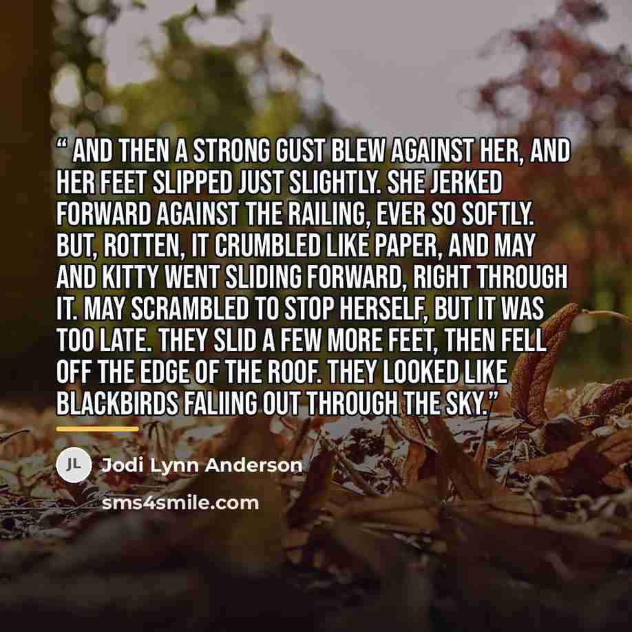 “And then a strong gust blew against her, and her feet slipped just slightly. She jerked forward against the railing, ever so softly. But, rotten, it crumbled like paper, and May and Kitty went sliding forward, right through it. May scrambled to stop herself, but it was too late. They slid a few…” quote by Jodi Lynn Anderson