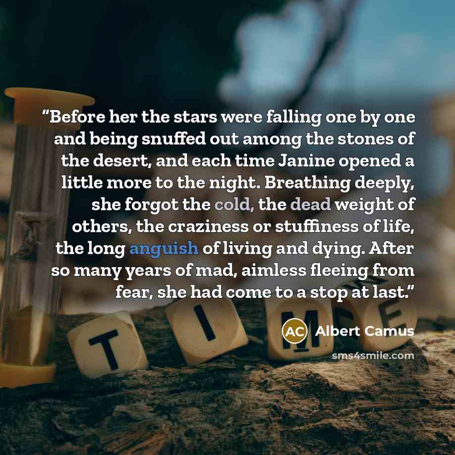 “Before her the stars were falling one by one and being snuffed out among the stones of the desert, and each time Janine opened a little more to the night. Breathing deeply, she forgot the cold, the dead weight of others, the craziness or stuffiness of life, the long anguish of living and dying…” quote by Albert Camus