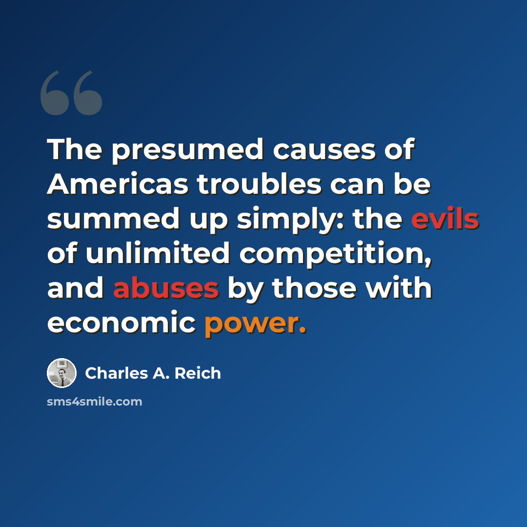 “The presumed causes of Americas troubles can be summed up simply: the evils of unlimited competition, and abuses by those with economic power.” quote by Charles A. Reich