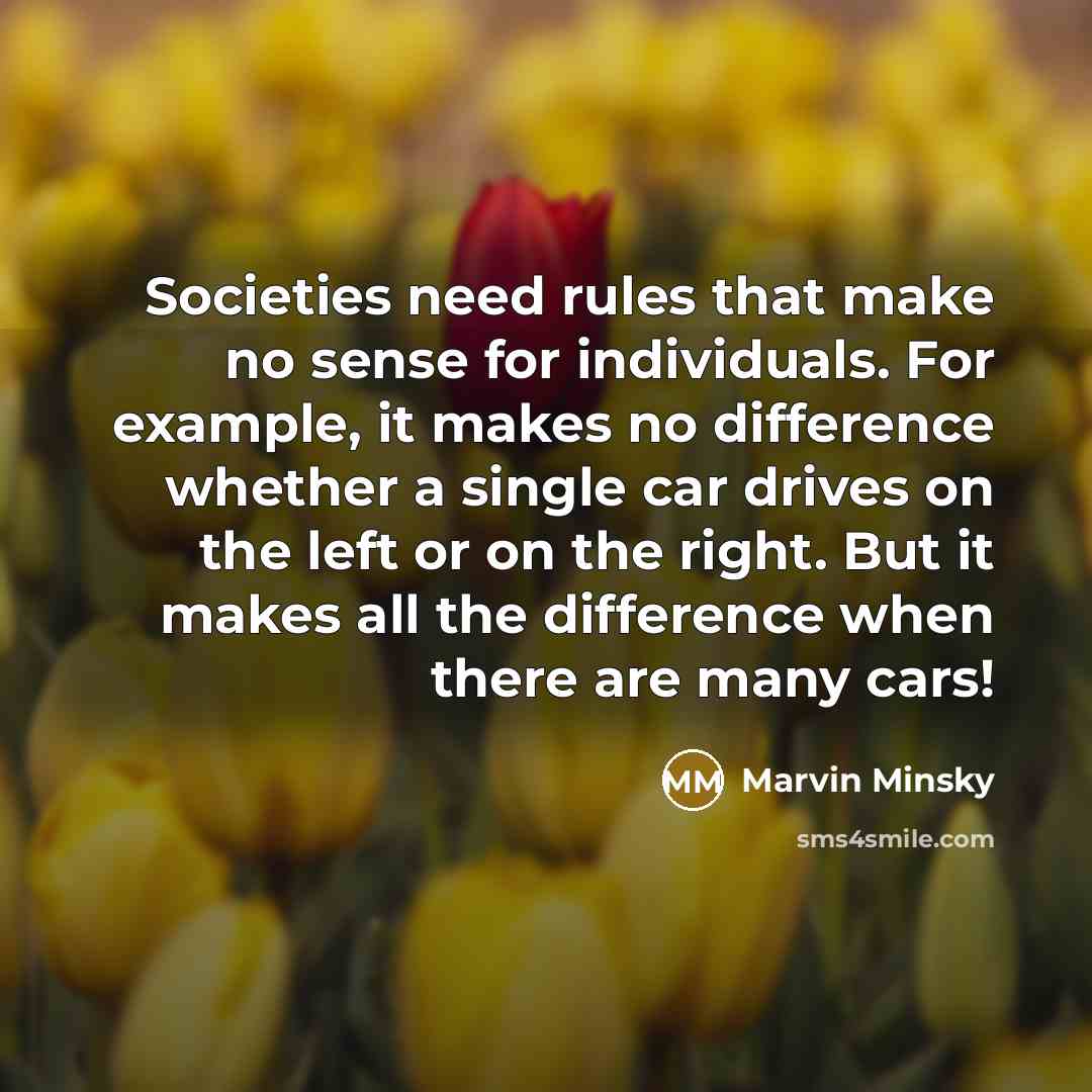 “Societies need rules that make no sense for individuals. For example, it makes no difference whether a single car drives on the left or on the right. But it makes all the difference when there are many cars!” quote by Marvin Minsky