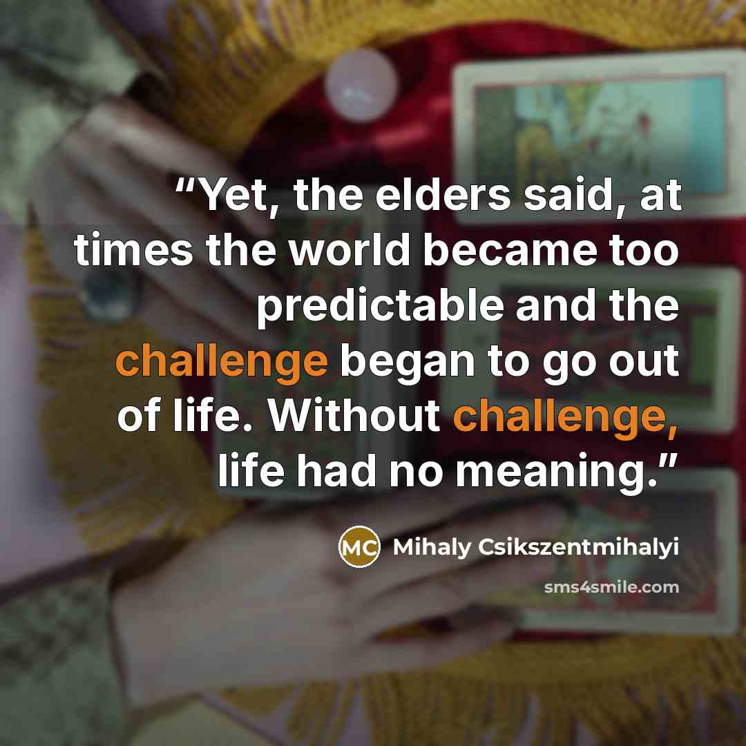 “Yet, the elders said, at times the world became too predictable and the challenge began to go out of life. Without challenge, life had no meaning.” quote by Mihaly Csikszentmihalyi