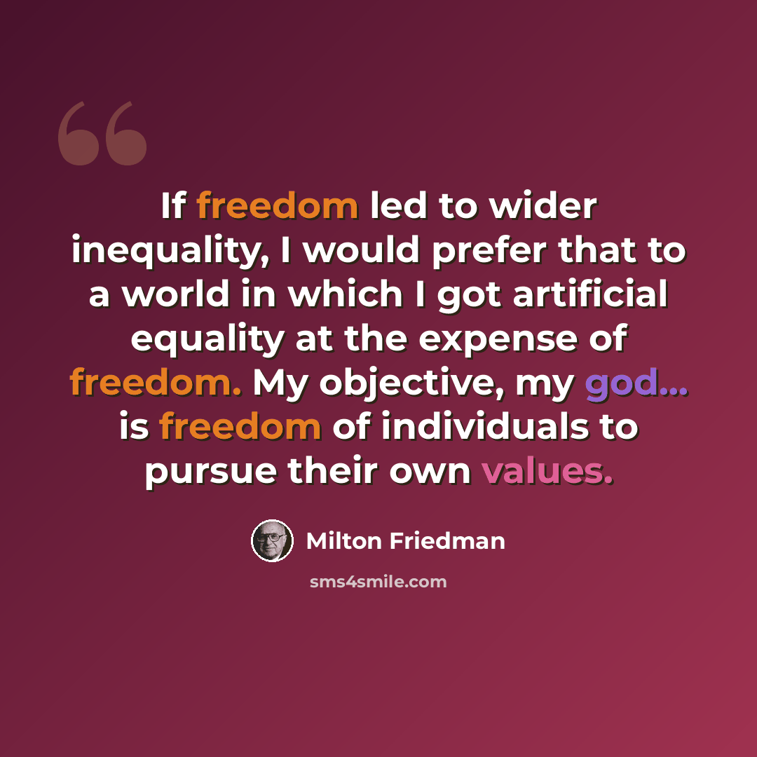 “If freedom led to wider inequality, I would prefer that to a world in which I got artificial equality at the expense of freedom. My objective, my god... is freedom of individuals to pursue their own values.” quote by Milton Friedman