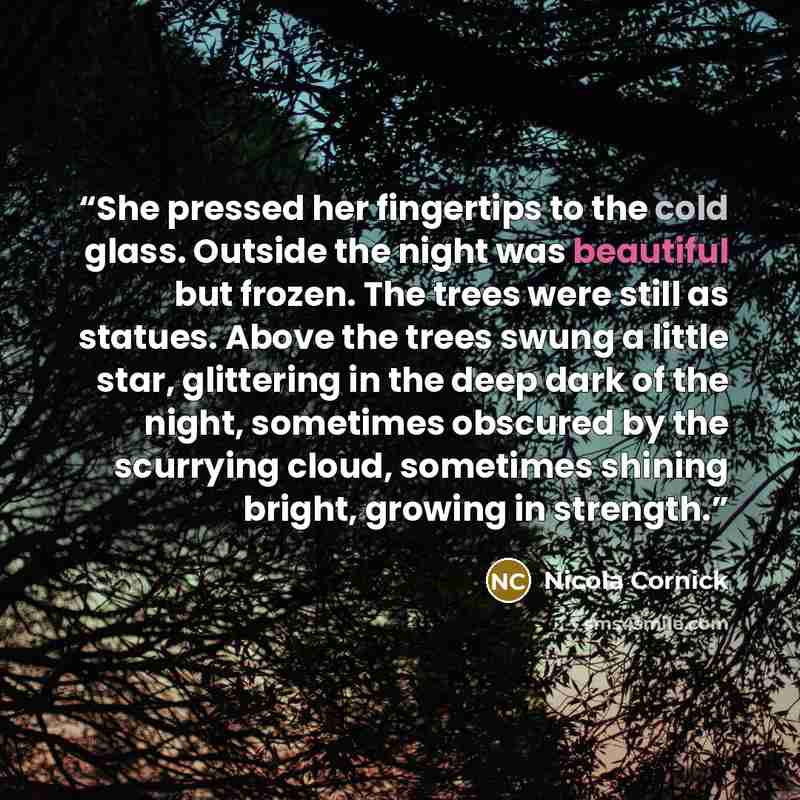 “She pressed her fingertips to the cold glass. Outside the night was beautiful but frozen. The trees were still as statues. Above the trees swung a little star, glittering in the deep dark of the night, sometimes obscured by the scurrying cloud, sometimes shining bright, growing in strength.” quote by Nicola Cornick
