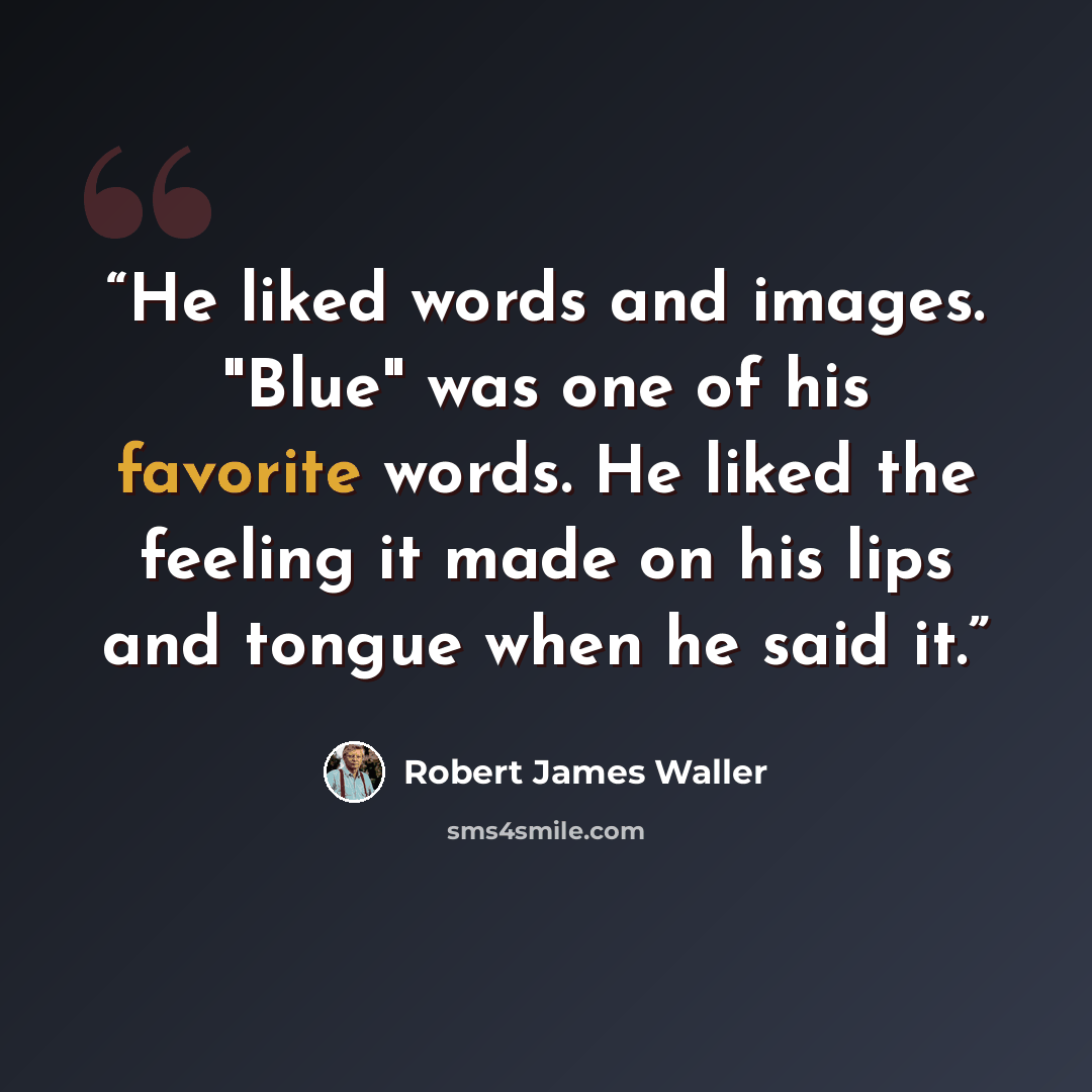 “He liked words and images. "Blue" was one of his favorite words. He liked the feeling it made on his lips and tongue when he said it.” quote by Robert James Waller