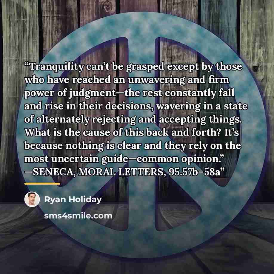 “Tranquility can’t be grasped except by those who have reached an unwavering and firm power of judgment—the rest constantly fall and rise in their decisions, wavering in a state of alternately rejecting and accepting things. What is the cause of this back and forth? It’s because nothing is clear…” quote by Ryan Holiday