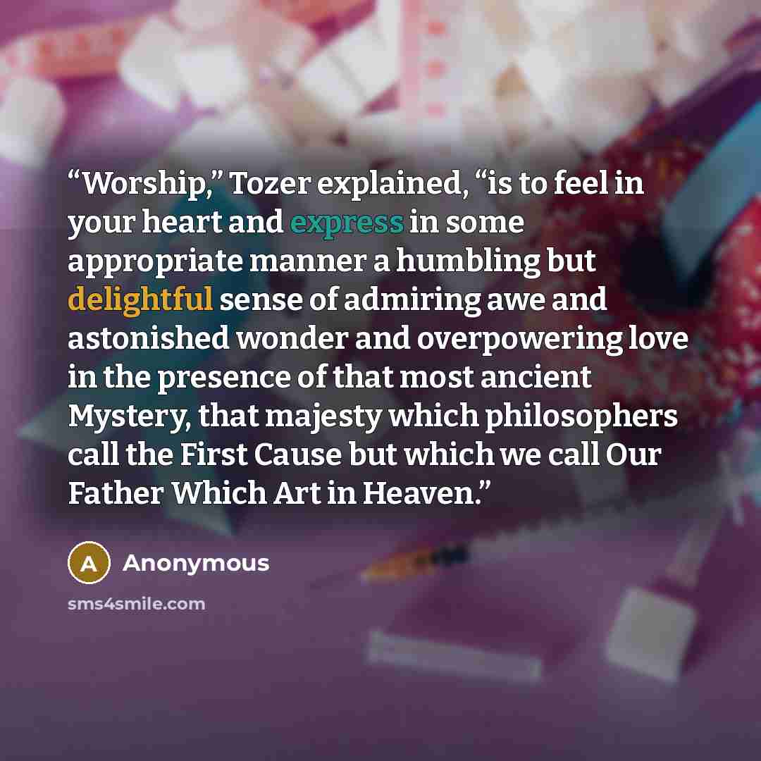 “Worship,” Tozer explained, “is to feel in your heart and express in some appropriate manner a humbling but delightful sense of admiring awe and astonished wonder and overpowering love in the presence of that most ancient Mystery, that majesty which philosophers call the First Cause but which we…” quote by Anonymous