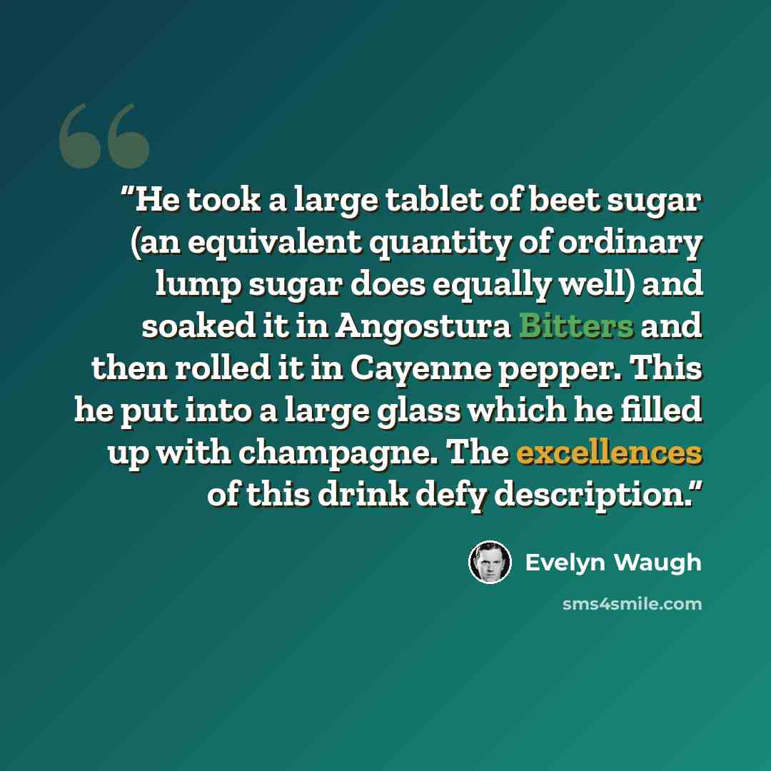 “He took a large tablet of beet sugar (an equivalent quantity of ordinary lump sugar does equally well) and soaked it in Angostura Bitters and then rolled it in Cayenne pepper. This he put into a large glass which he filled up with champagne. The excellences of this drink defy description.” quote by Evelyn Waugh