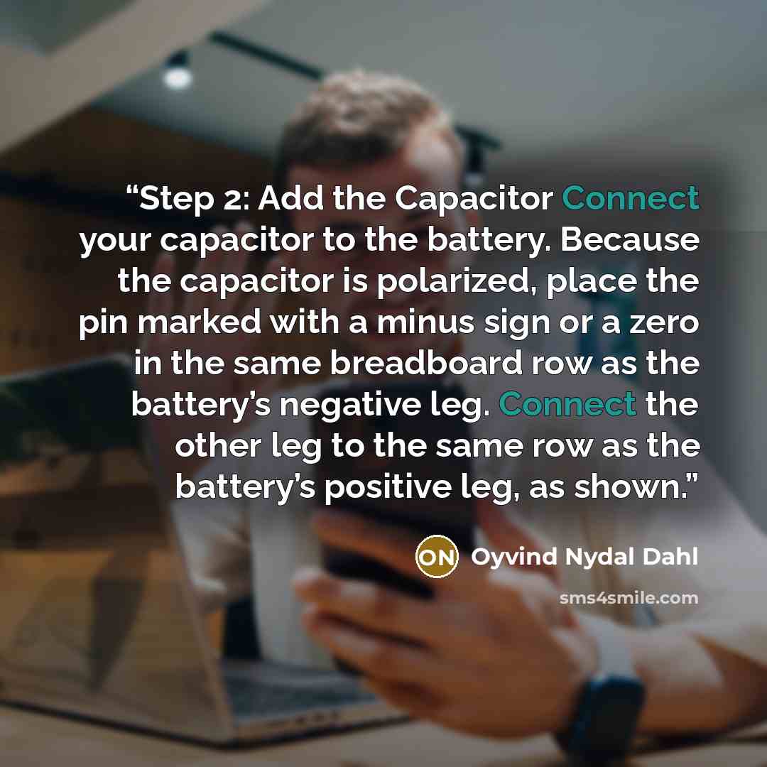 “Step 2: Add the Capacitor Connect your capacitor to the battery. Because the capacitor is polarized, place the pin marked with a minus sign or a zero in the same breadboard row as the battery’s negative leg. Connect the other leg to the same row as the battery’s positive leg, as shown.” quote by Oyvind Nydal Dahl
