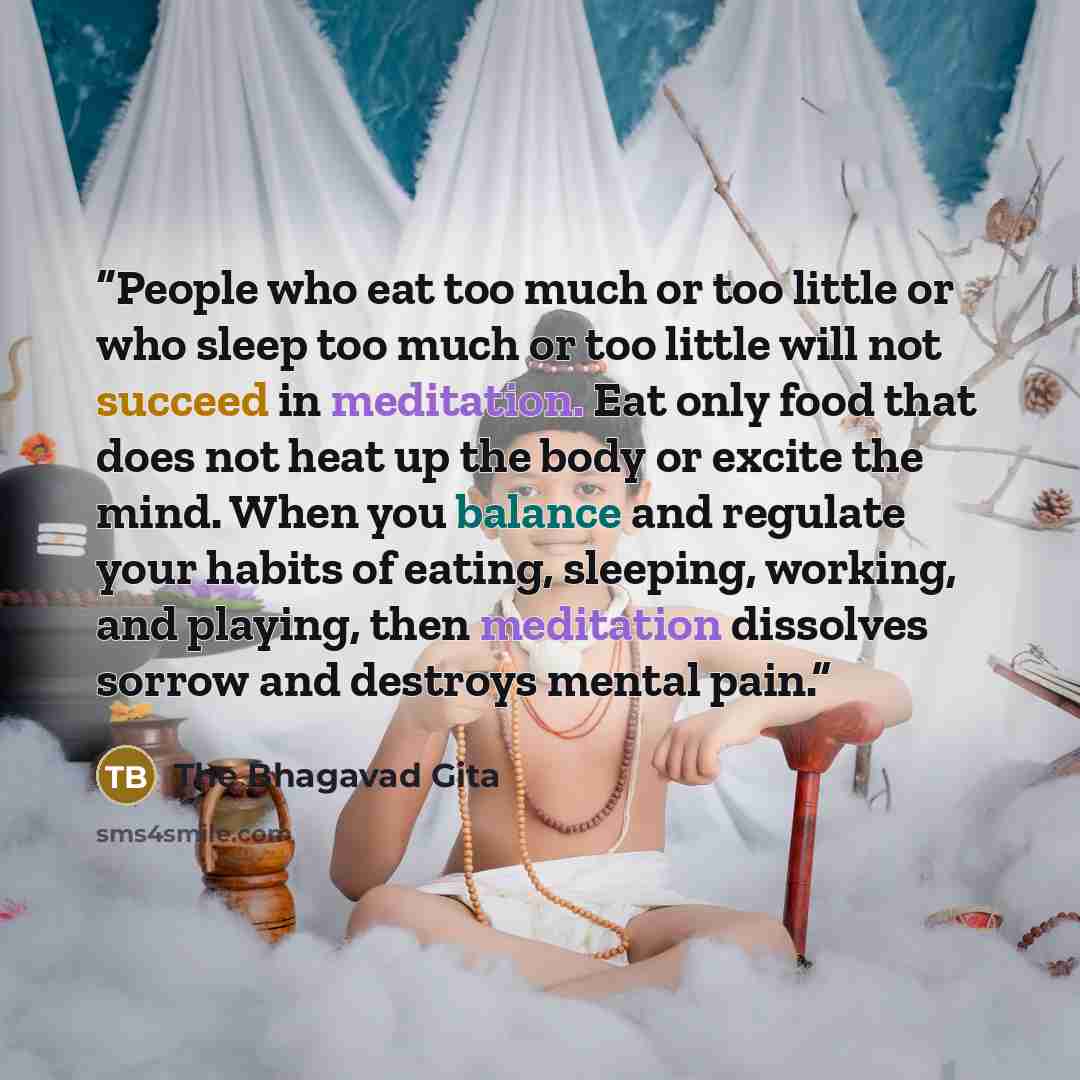 “People who eat too much or too little or who sleep too much or too little will not succeed in meditation. Eat only food that does not heat up the body or excite the mind. When you balance and regulate your habits of eating, sleeping, working, and playing, then meditation dissolves sorrow and…” quote by The Bhagavad Gita
