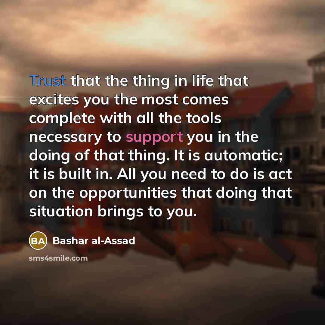 “Trust that the thing in life that excites you the most comes complete with all the tools necessary to support you in the doing of that thing. It is automatic; it is built in. All you need to do is act on the opportunities that doing that situation brings to you.” quote by Bashar al-Assad